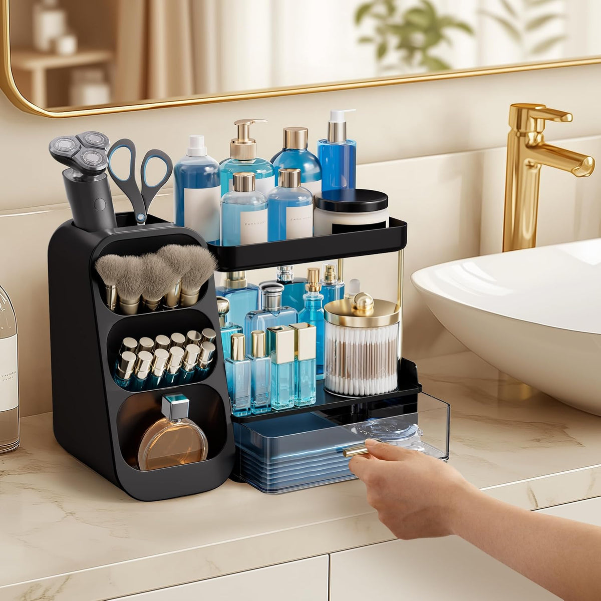 Makeup Organizer with Brush Holder for Vanity, Large Plastic Bathroom Countertop Organizer Skin Care Storage, Easy to Store Lipsticks, Nail Polishes, Perfumes, Eyeshadow Palettes, All White