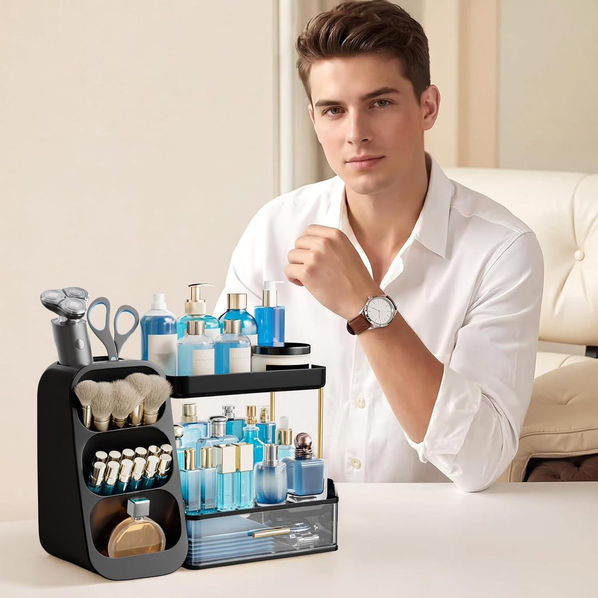 Makeup Organizer with Brush Holder for Vanity, Large Plastic Bathroom Countertop Organizer Skin Care Storage, Easy to Store Lipsticks, Nail Polishes, Perfumes, Eyeshadow Palettes, All White