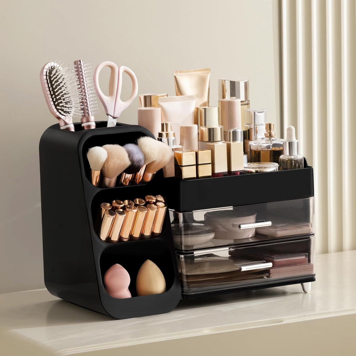 Makeup Organizer with Brush Holder for Vanity, Large Plastic Bathroom Countertop Organizer Skin Care Storage, Easy to Store Lipsticks, Nail Polishes, Perfumes, Eyeshadow Palettes, All White