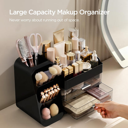 Makeup Organizer with Brush Holder for Vanity, Large Plastic Bathroom Countertop Organizer Skin Care Storage, Easy to Store Lipsticks, Nail Polishes, Perfumes, Eyeshadow Palettes, All White