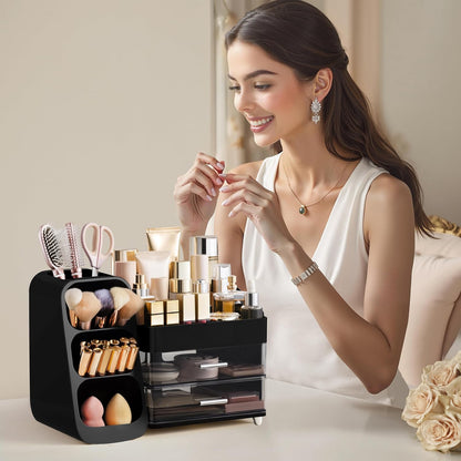Makeup Organizer with Brush Holder for Vanity, Large Plastic Bathroom Countertop Organizer Skin Care Storage, Easy to Store Lipsticks, Nail Polishes, Perfumes, Eyeshadow Palettes, All White