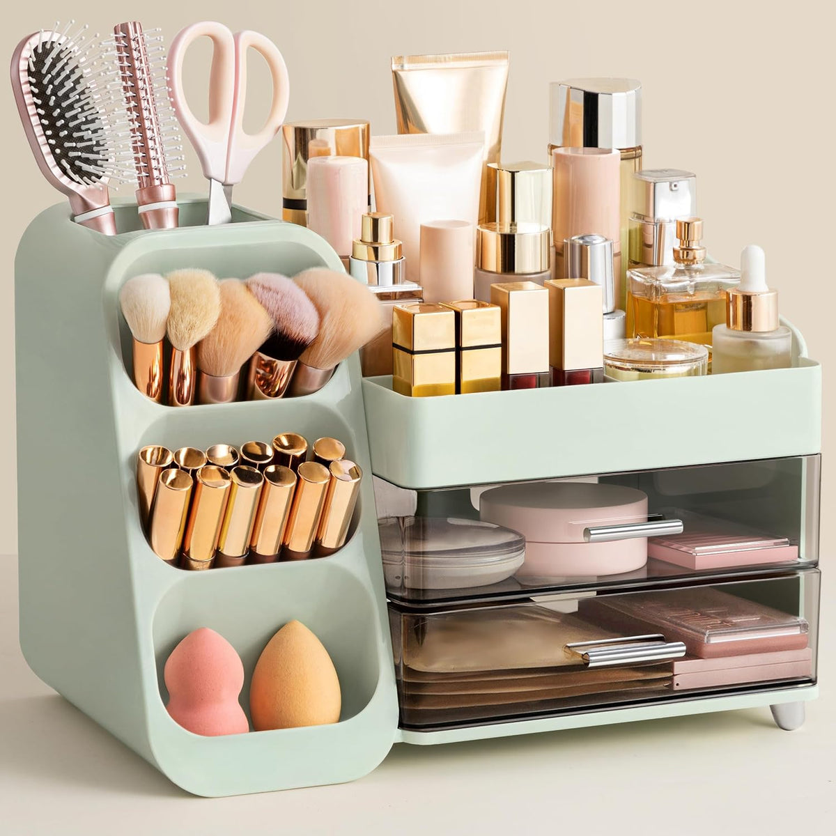 Makeup Organizer with Brush Holder for Vanity, Large Plastic Bathroom Countertop Organizer Skin Care Storage, Easy to Store Lipsticks, Nail Polishes, Perfumes, Eyeshadow Palettes, All White