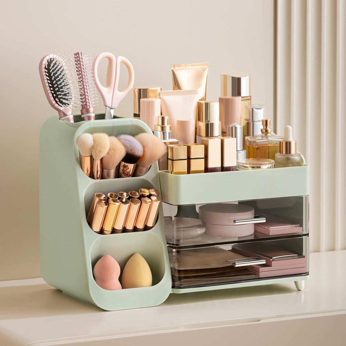 Makeup Organizer with Brush Holder for Vanity, Large Plastic Bathroom Countertop Organizer Skin Care Storage, Easy to Store Lipsticks, Nail Polishes, Perfumes, Eyeshadow Palettes, All White