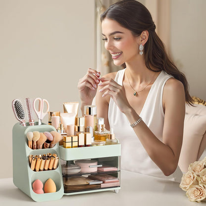 Makeup Organizer with Brush Holder for Vanity, Large Plastic Bathroom Countertop Organizer Skin Care Storage, Easy to Store Lipsticks, Nail Polishes, Perfumes, Eyeshadow Palettes, All White