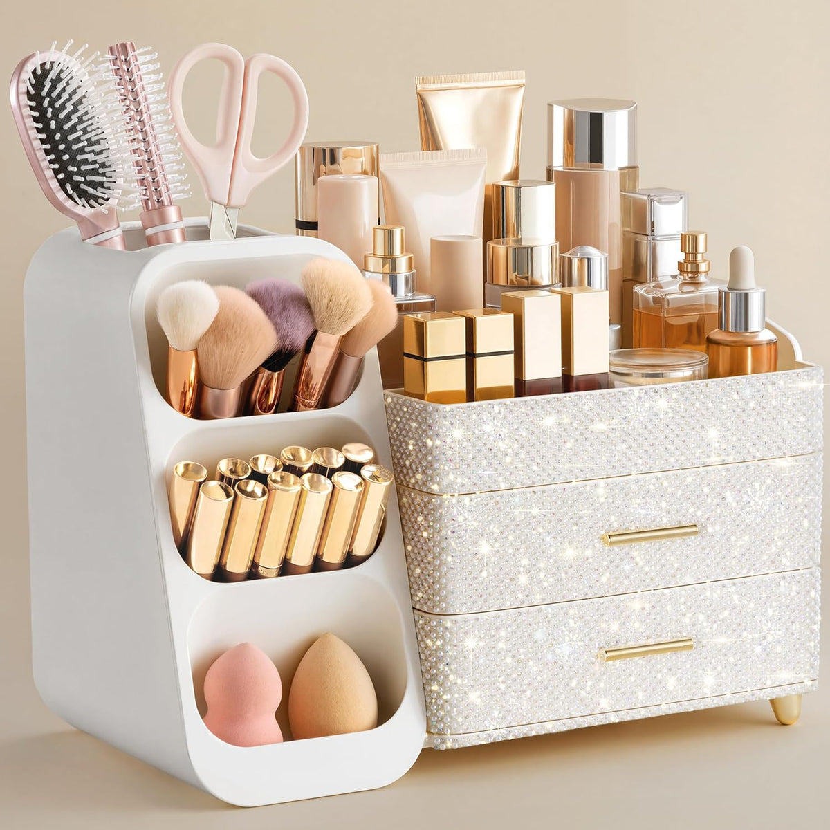 Makeup Organizer with Brush Holder for Vanity, Large Plastic Bathroom Countertop Organizer Skin Care Storage, Easy to Store Lipsticks, Nail Polishes, Perfumes, Eyeshadow Palettes, All White