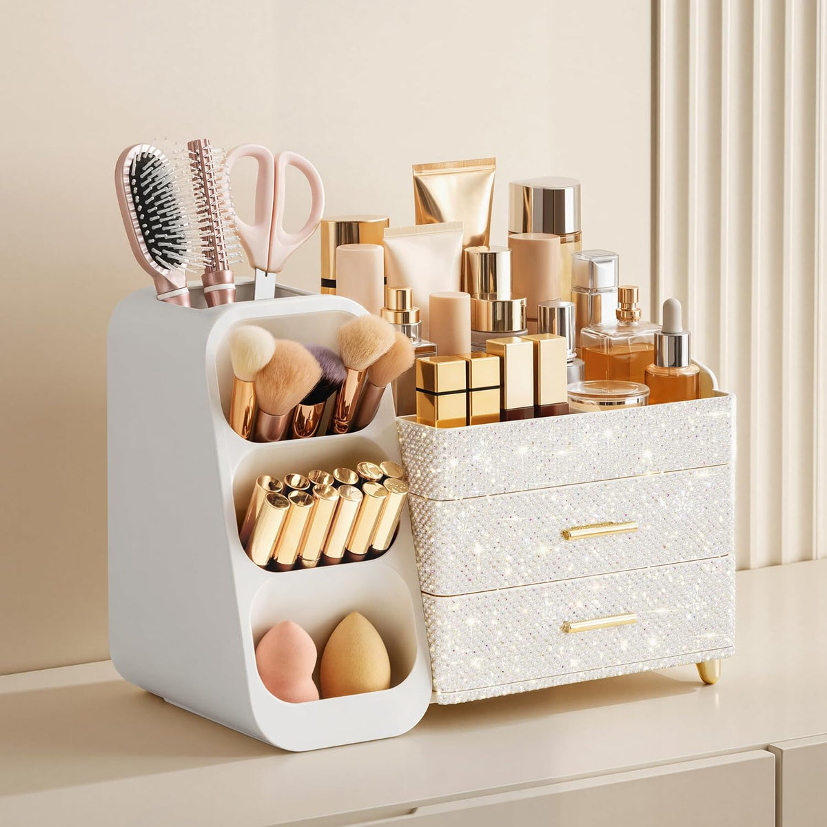 Makeup Organizer with Brush Holder for Vanity, Large Plastic Bathroom Countertop Organizer Skin Care Storage, Easy to Store Lipsticks, Nail Polishes, Perfumes, Eyeshadow Palettes, All White