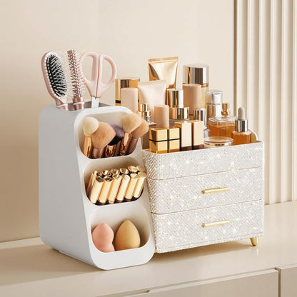 Makeup Organizer with Brush Holder for Vanity, Large Plastic Bathroom Countertop Organizer Skin Care Storage, Easy to Store Lipsticks, Nail Polishes, Perfumes, Eyeshadow Palettes, All White
