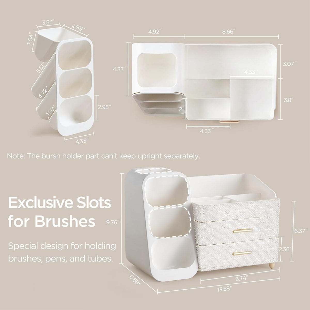 Makeup Organizer with Brush Holder for Vanity, Large Plastic Bathroom Countertop Organizer Skin Care Storage, Easy to Store Lipsticks, Nail Polishes, Perfumes, Eyeshadow Palettes, All White