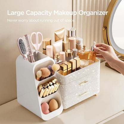 Makeup Organizer with Brush Holder for Vanity, Large Plastic Bathroom Countertop Organizer Skin Care Storage, Easy to Store Lipsticks, Nail Polishes, Perfumes, Eyeshadow Palettes, All White