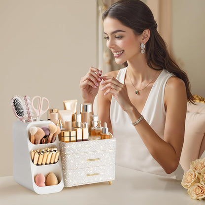 Makeup Organizer with Brush Holder for Vanity, Large Plastic Bathroom Countertop Organizer Skin Care Storage, Easy to Store Lipsticks, Nail Polishes, Perfumes, Eyeshadow Palettes, All White