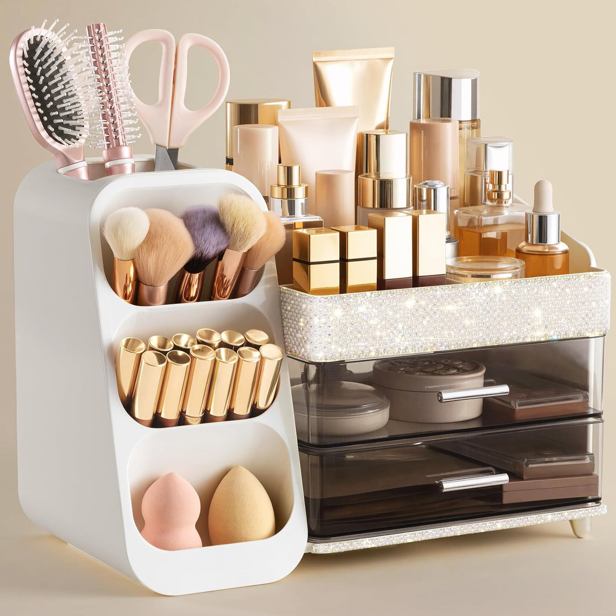 Makeup Organizer with Brush Holder for Vanity, Large Plastic Bathroom Countertop Organizer Skin Care Storage, Easy to Store Lipsticks, Nail Polishes, Perfumes, Eyeshadow Palettes, All White