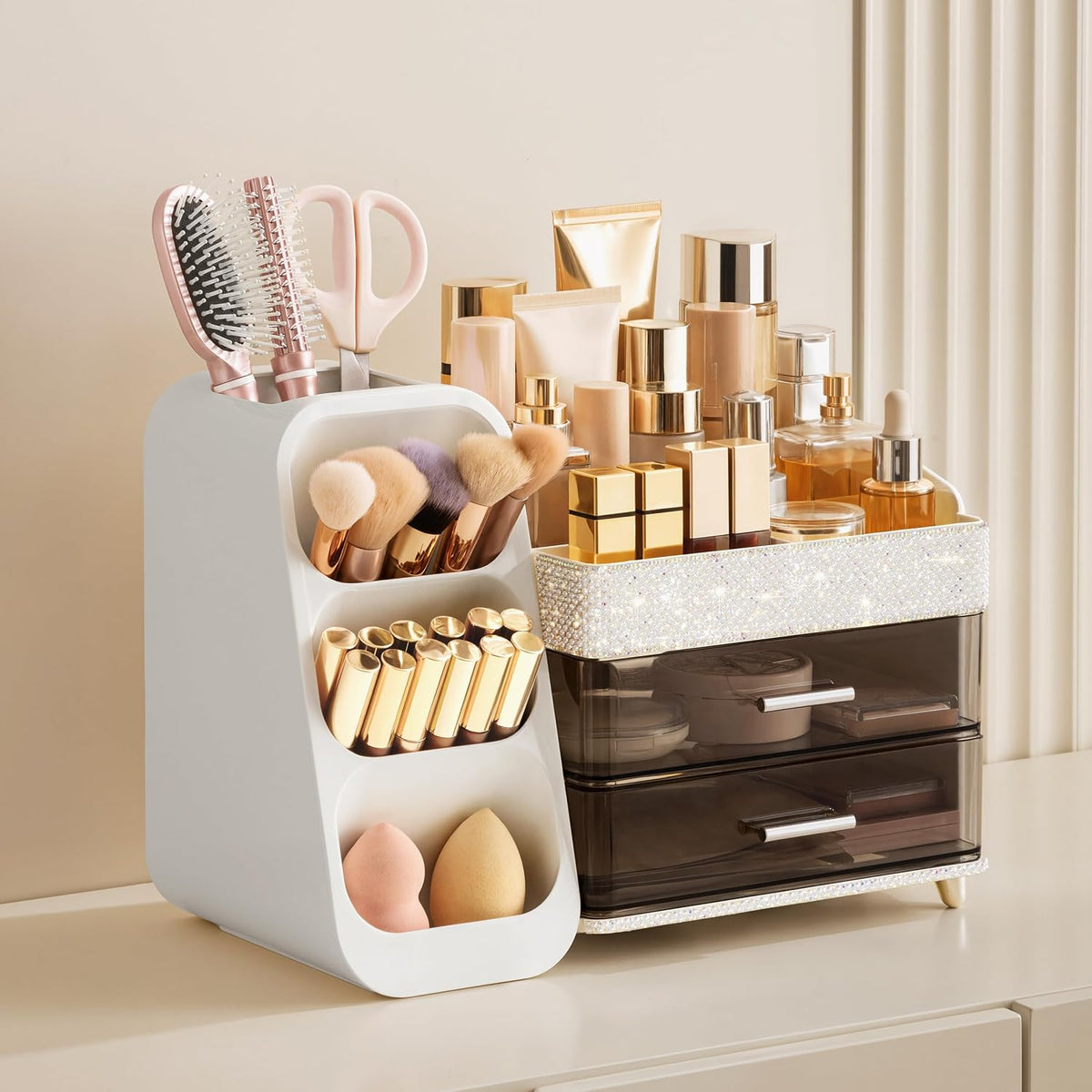 Makeup Organizer with Brush Holder for Vanity, Large Plastic Bathroom Countertop Organizer Skin Care Storage, Easy to Store Lipsticks, Nail Polishes, Perfumes, Eyeshadow Palettes, All White