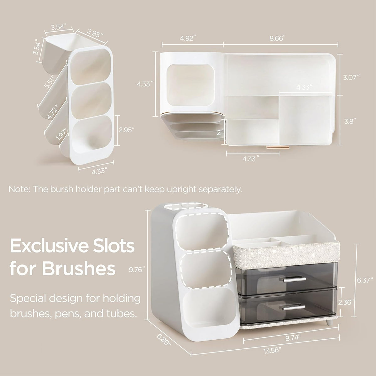 Makeup Organizer with Brush Holder for Vanity, Large Plastic Bathroom Countertop Organizer Skin Care Storage, Easy to Store Lipsticks, Nail Polishes, Perfumes, Eyeshadow Palettes, All White