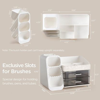 Makeup Organizer with Brush Holder for Vanity, Large Plastic Bathroom Countertop Organizer Skin Care Storage, Easy to Store Lipsticks, Nail Polishes, Perfumes, Eyeshadow Palettes, All White