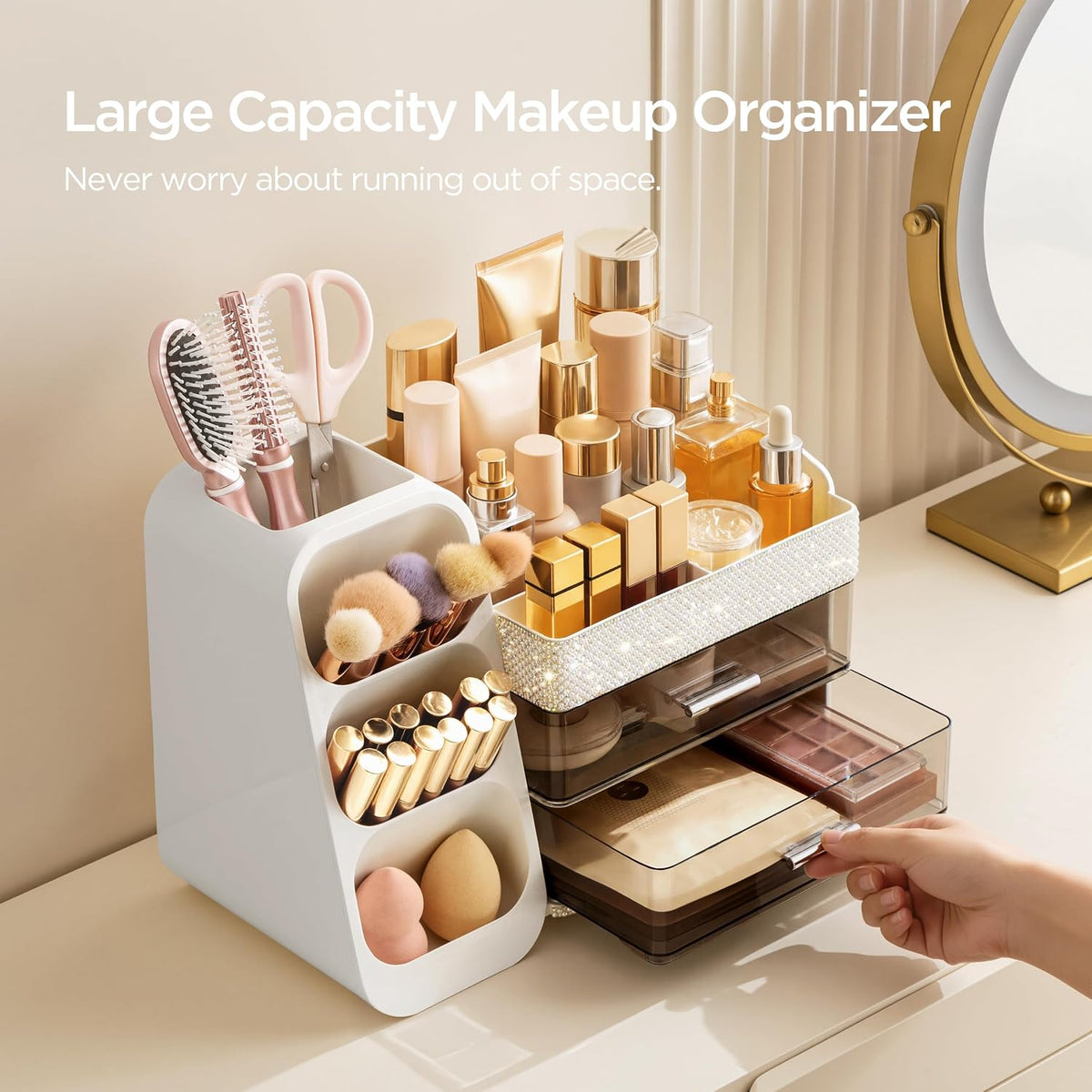 Makeup Organizer with Brush Holder for Vanity, Large Plastic Bathroom Countertop Organizer Skin Care Storage, Easy to Store Lipsticks, Nail Polishes, Perfumes, Eyeshadow Palettes, All White