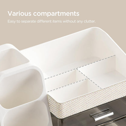 Makeup Organizer with Brush Holder for Vanity, Large Plastic Bathroom Countertop Organizer Skin Care Storage, Easy to Store Lipsticks, Nail Polishes, Perfumes, Eyeshadow Palettes, All White