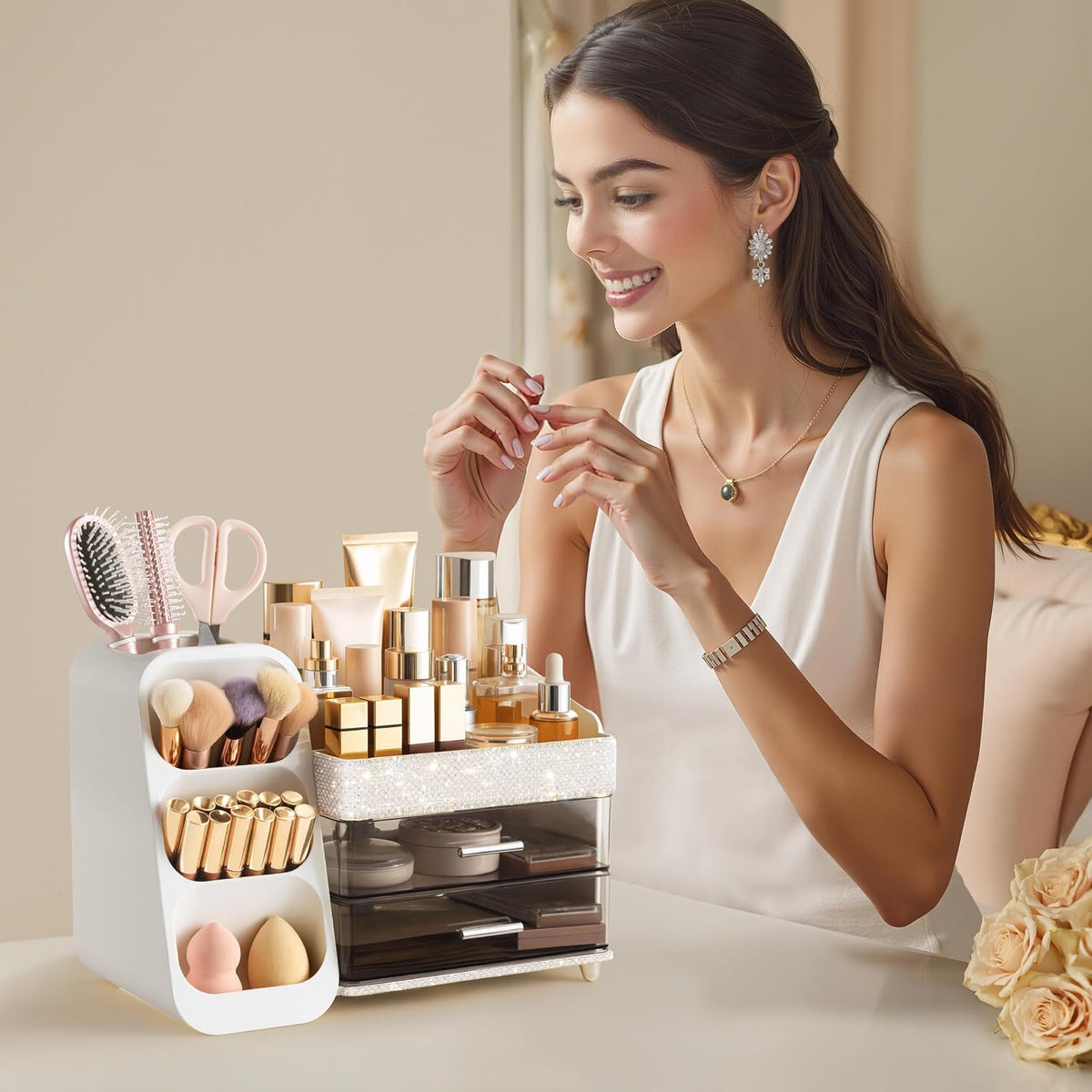 Makeup Organizer with Brush Holder for Vanity, Large Plastic Bathroom Countertop Organizer Skin Care Storage, Easy to Store Lipsticks, Nail Polishes, Perfumes, Eyeshadow Palettes, All White