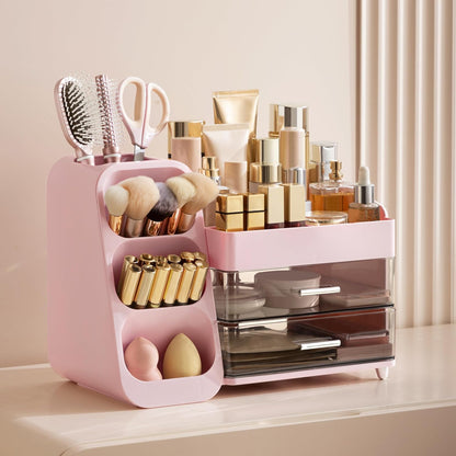 Makeup Organizer with Brush Holder for Vanity, Large Plastic Bathroom Countertop Organizer Skin Care Storage, Easy to Store Lipsticks, Nail Polishes, Perfumes, Eyeshadow Palettes, All White