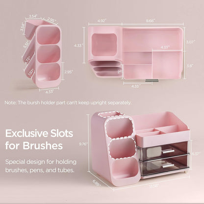 Makeup Organizer with Brush Holder for Vanity, Large Plastic Bathroom Countertop Organizer Skin Care Storage, Easy to Store Lipsticks, Nail Polishes, Perfumes, Eyeshadow Palettes, All White
