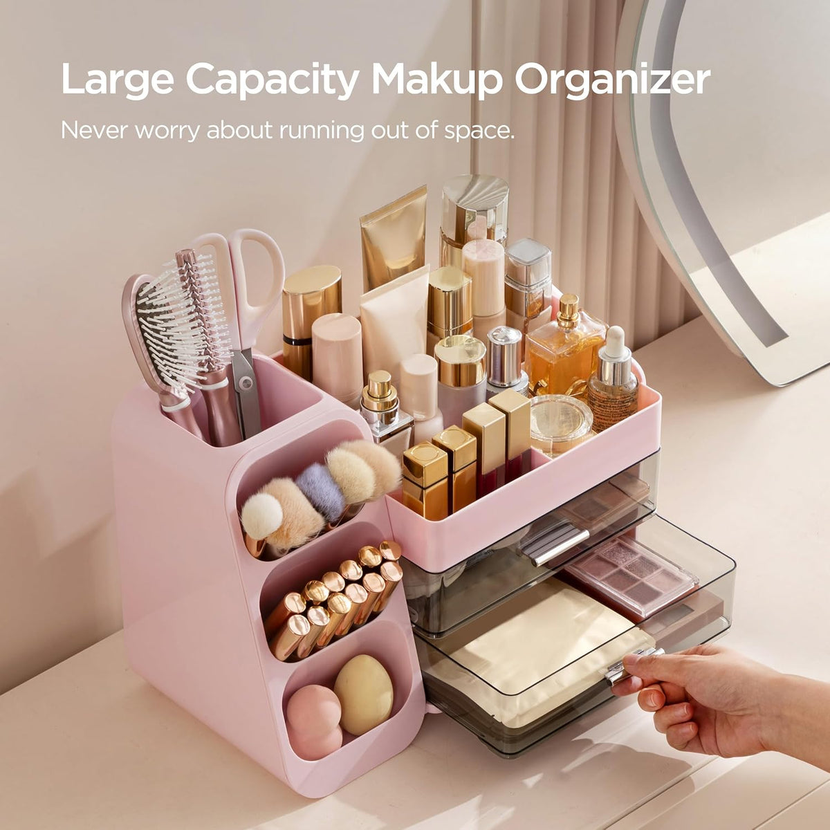 Makeup Organizer with Brush Holder for Vanity, Large Plastic Bathroom Countertop Organizer Skin Care Storage, Easy to Store Lipsticks, Nail Polishes, Perfumes, Eyeshadow Palettes, All White