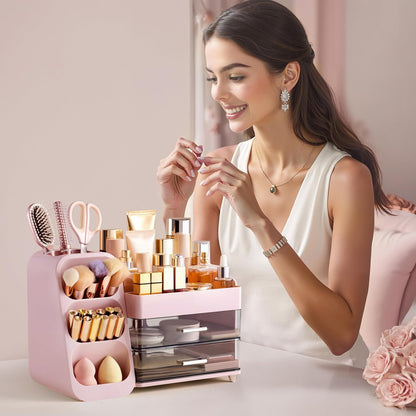 Makeup Organizer with Brush Holder for Vanity, Large Plastic Bathroom Countertop Organizer Skin Care Storage, Easy to Store Lipsticks, Nail Polishes, Perfumes, Eyeshadow Palettes, All White
