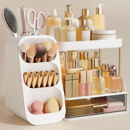Makeup Organizer with Brush Holder for Vanity, Large Plastic Bathroom Countertop Organizer Skin Care Storage, Easy to Store Lipsticks, Nail Polishes, Perfumes, Eyeshadow Palettes, All White