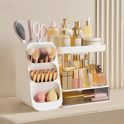 Makeup Organizer with Brush Holder for Vanity, Large Plastic Bathroom Countertop Organizer Skin Care Storage, Easy to Store Lipsticks, Nail Polishes, Perfumes, Eyeshadow Palettes, All White