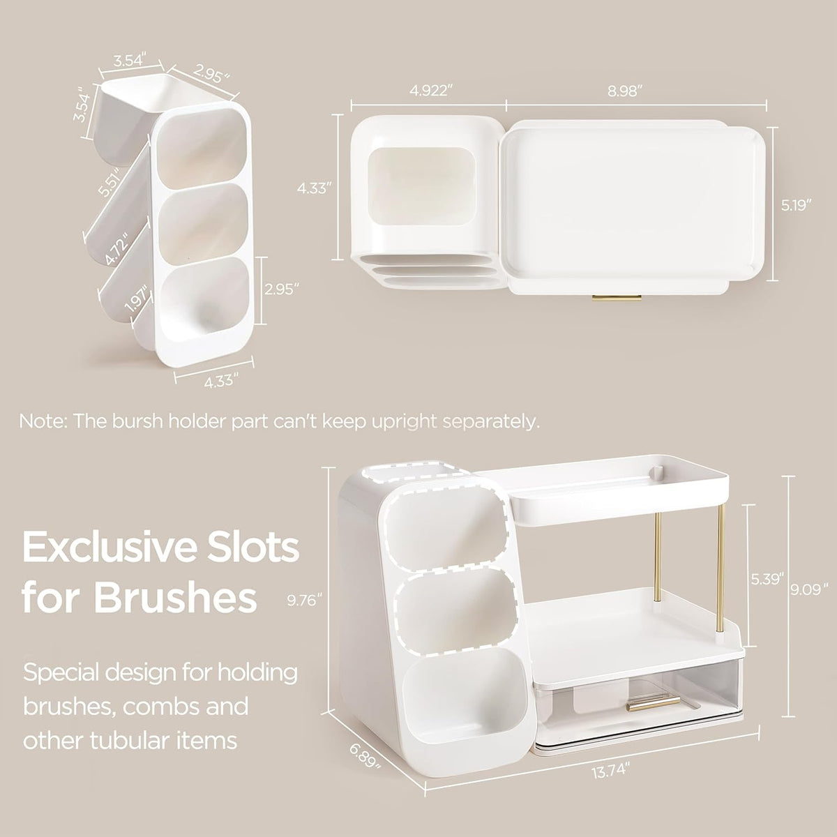 Makeup Organizer with Brush Holder for Vanity, Large Plastic Bathroom Countertop Organizer Skin Care Storage, Easy to Store Lipsticks, Nail Polishes, Perfumes, Eyeshadow Palettes, All White
