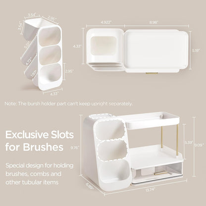 Makeup Organizer with Brush Holder for Vanity, Large Plastic Bathroom Countertop Organizer Skin Care Storage, Easy to Store Lipsticks, Nail Polishes, Perfumes, Eyeshadow Palettes, All White