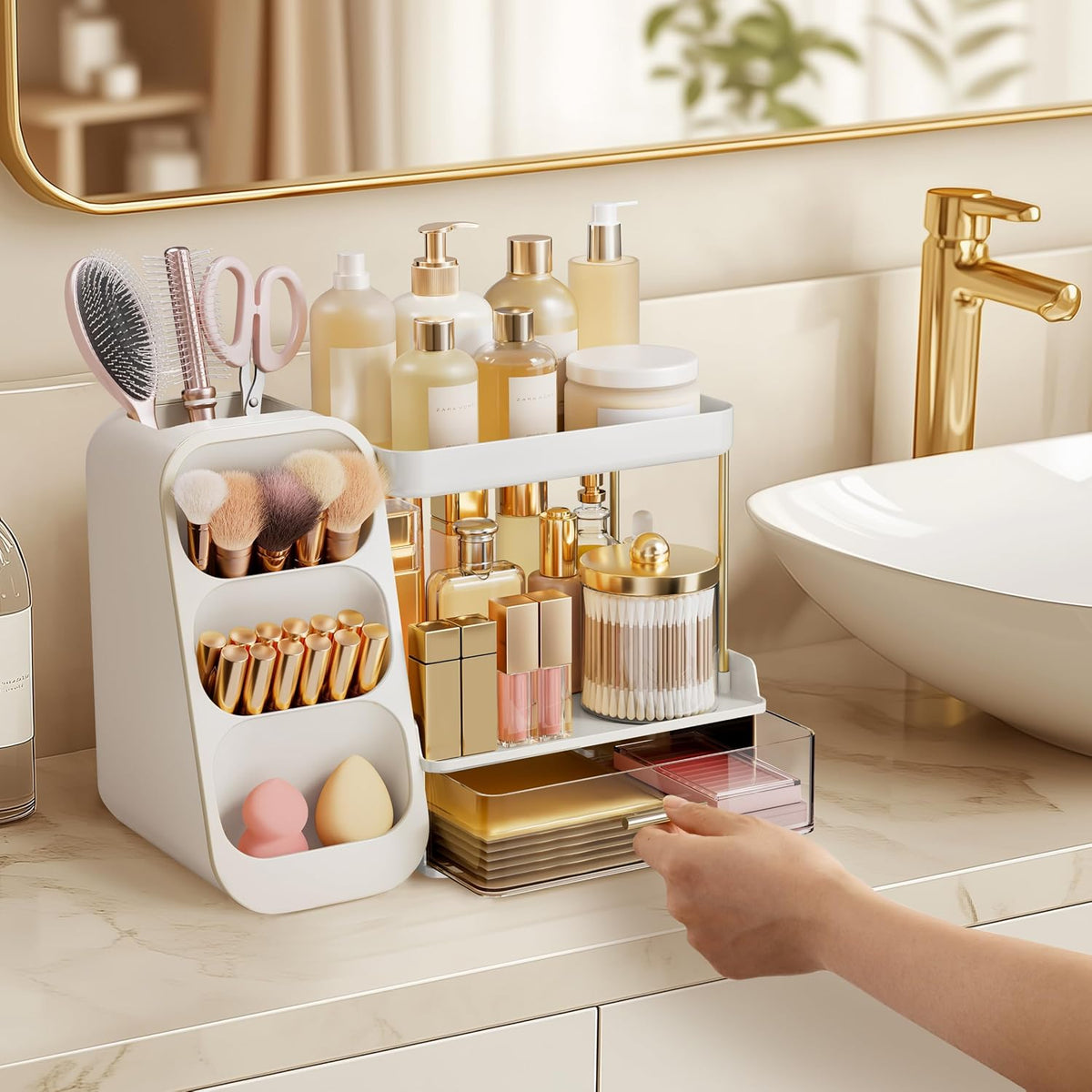 Makeup Organizer with Brush Holder for Vanity, Large Plastic Bathroom Countertop Organizer Skin Care Storage, Easy to Store Lipsticks, Nail Polishes, Perfumes, Eyeshadow Palettes, All White