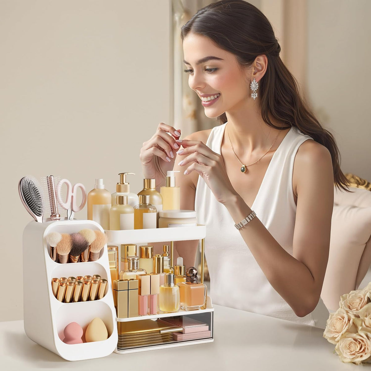 Makeup Organizer with Brush Holder for Vanity, Large Plastic Bathroom Countertop Organizer Skin Care Storage, Easy to Store Lipsticks, Nail Polishes, Perfumes, Eyeshadow Palettes, All White