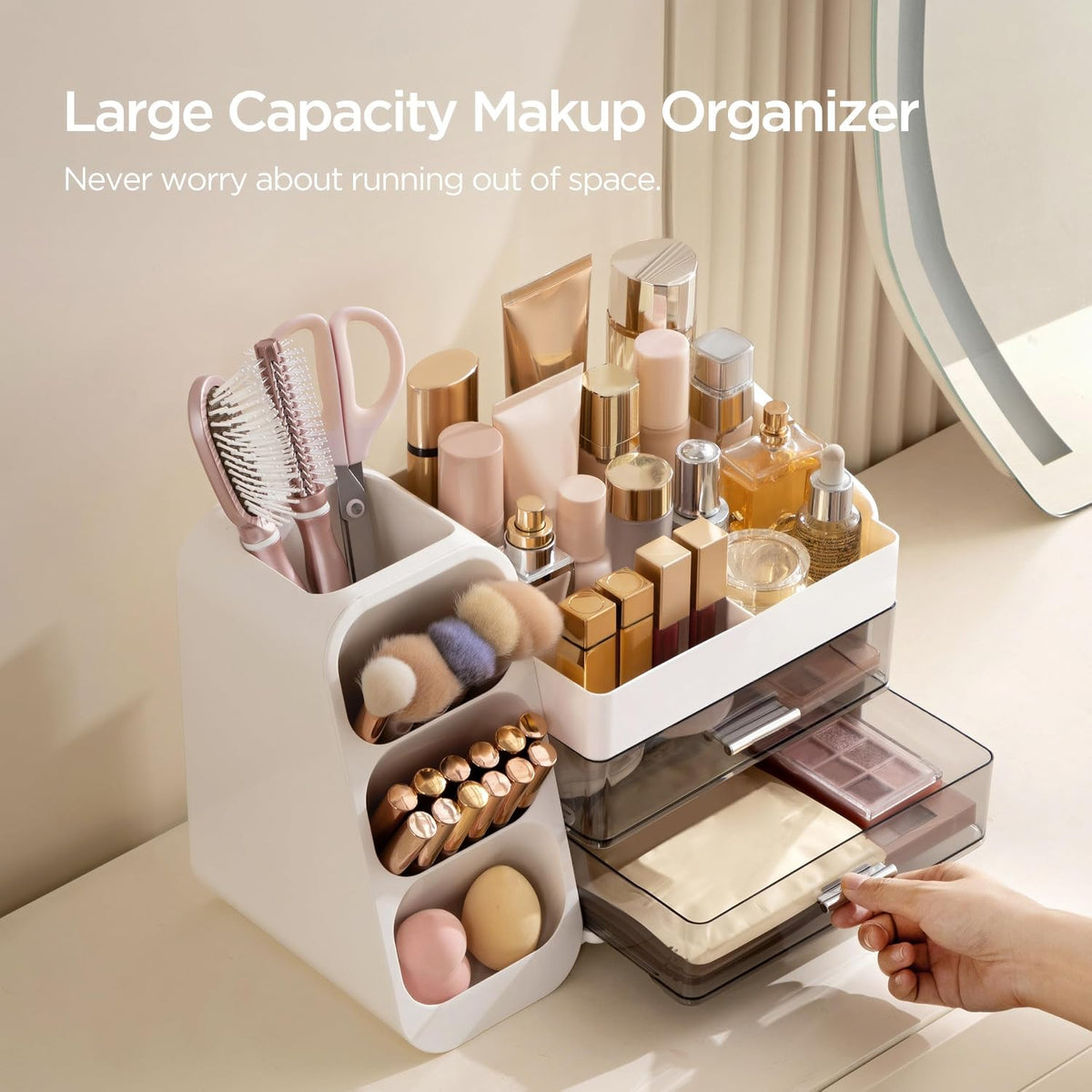 Makeup Organizer with Brush Holder for Vanity, Large Plastic Bathroom Countertop Organizer Skin Care Storage, Easy to Store Lipsticks, Nail Polishes, Perfumes, Eyeshadow Palettes, All White