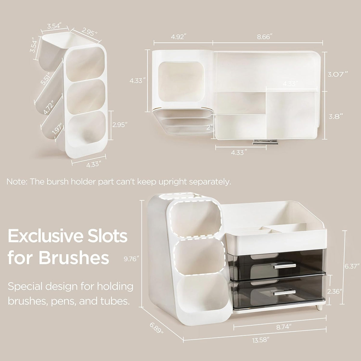 Makeup Organizer with Brush Holder for Vanity, Large Plastic Bathroom Countertop Organizer Skin Care Storage, Easy to Store Lipsticks, Nail Polishes, Perfumes, Eyeshadow Palettes, All White