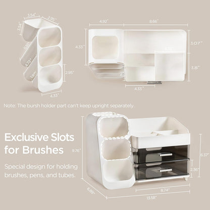 Makeup Organizer with Brush Holder for Vanity, Large Plastic Bathroom Countertop Organizer Skin Care Storage, Easy to Store Lipsticks, Nail Polishes, Perfumes, Eyeshadow Palettes, All White