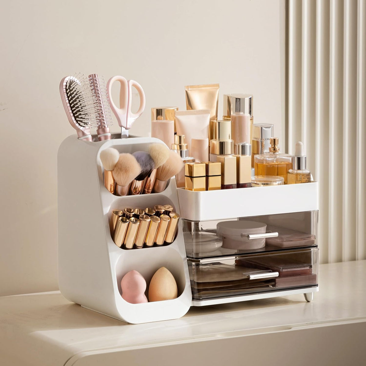 Makeup Organizer with Brush Holder for Vanity, Large Plastic Bathroom Countertop Organizer Skin Care Storage, Easy to Store Lipsticks, Nail Polishes, Perfumes, Eyeshadow Palettes, All White