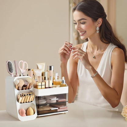 Makeup Organizer with Brush Holder for Vanity, Large Plastic Bathroom Countertop Organizer Skin Care Storage, Easy to Store Lipsticks, Nail Polishes, Perfumes, Eyeshadow Palettes, All White