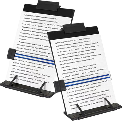 2 Pack Desktop Document Holder Stand with 7 Adjustable Position, Black Metal File Organizer Copyholder for Typing Speech Reading A4 Letter Music Book Tablet Office, with Paper Clip Line Guide
