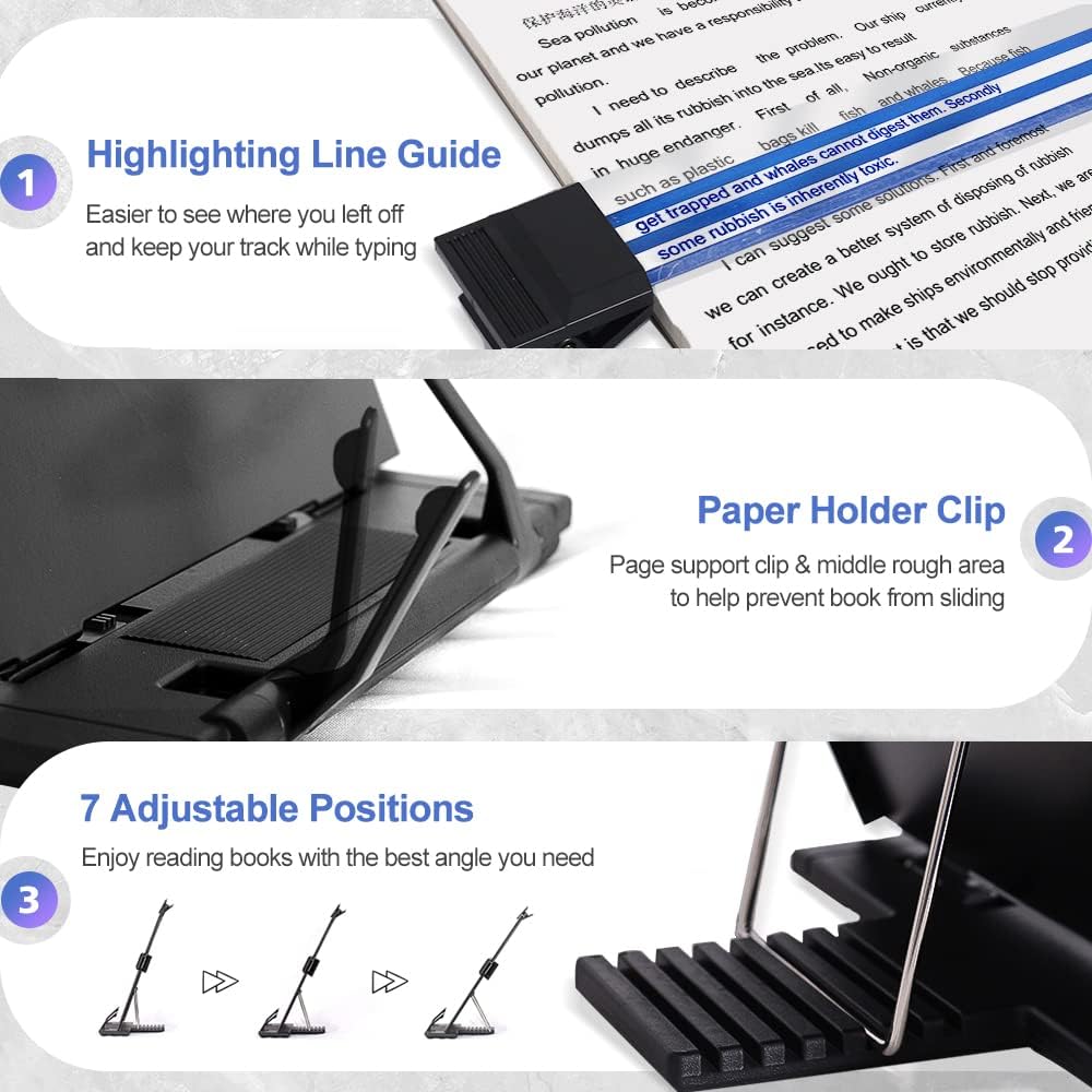 2 Pack Desktop Document Holder Stand with 7 Adjustable Position, Black Metal File Organizer Copyholder for Typing Speech Reading A4 Letter Music Book Tablet Office, with Paper Clip Line Guide