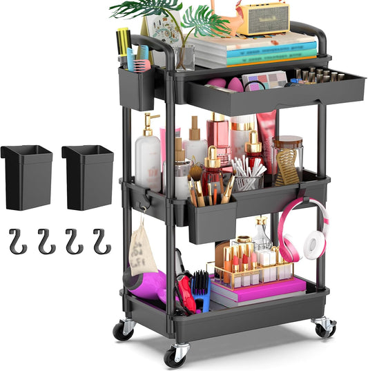 3 Tier Rolling Utility Cart Organizer with Removable Drawer, Black