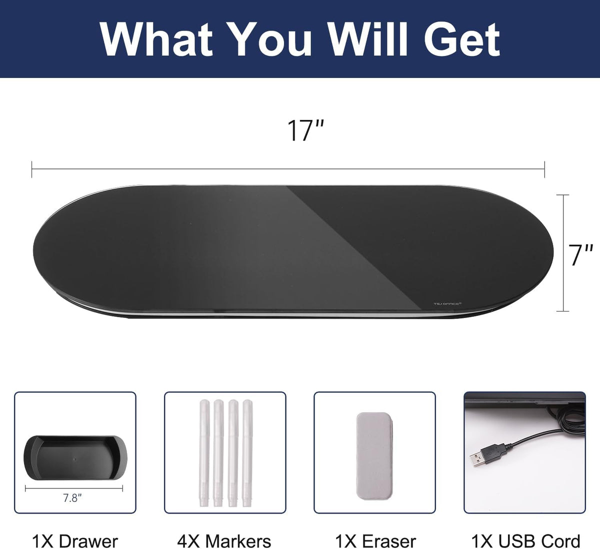 TSJ OFFICE Glass Desktop Whiteboard - 17 X 7 Inches Black Board Blue Light