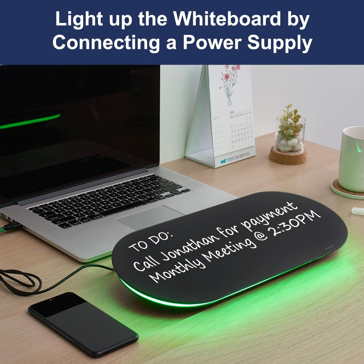 TSJ OFFICE Glass Desktop Whiteboard - 17 X 7 Inches Black Board Blue Light