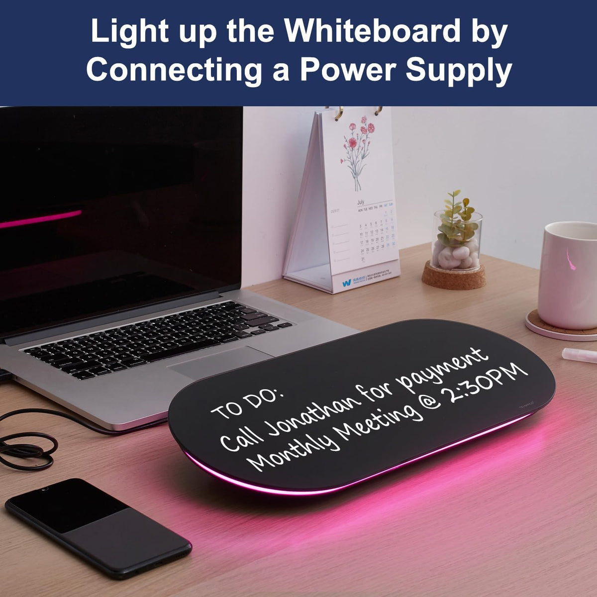 TSJ OFFICE Glass Desktop Whiteboard - 17 X 7 Inches Black Board Blue Light