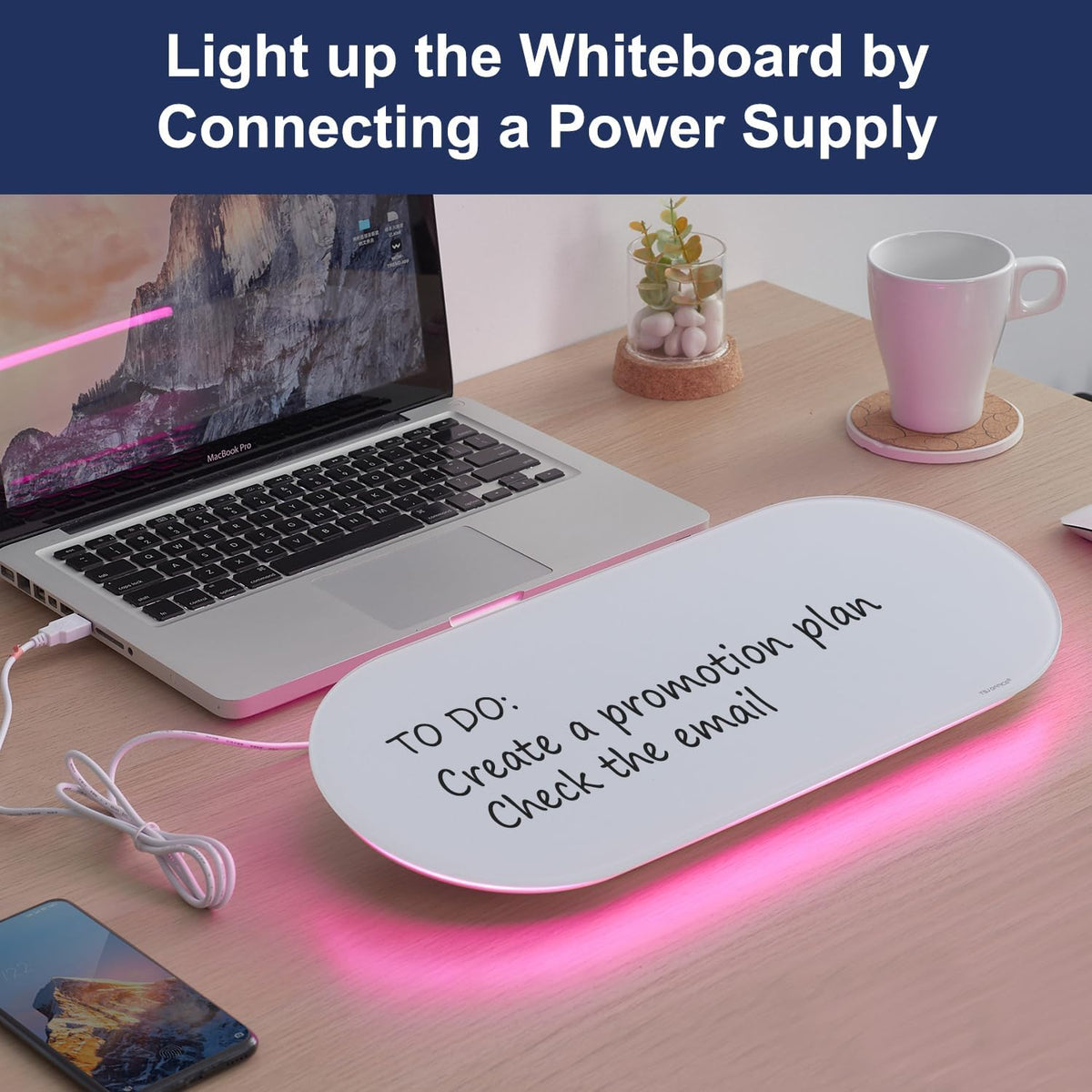 TSJ OFFICE Glass Desktop Whiteboard - 17 X 7 Inches Black Board Blue Light
