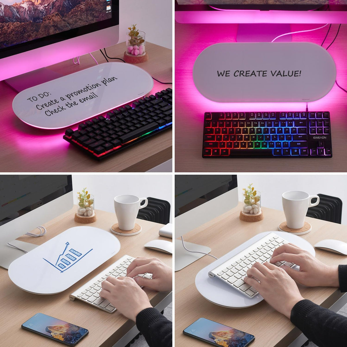 TSJ OFFICE Glass Desktop Whiteboard - 17 X 7 Inches Black Board Blue Light