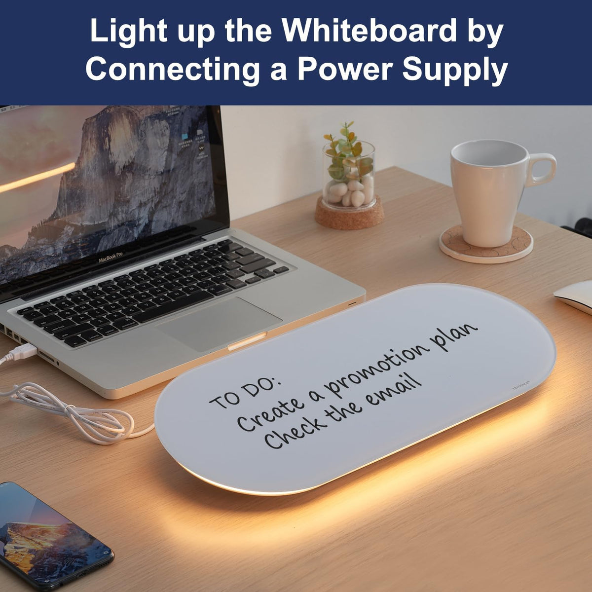 TSJ OFFICE Glass Desktop Whiteboard - 17 X 7 Inches Black Board Blue Light