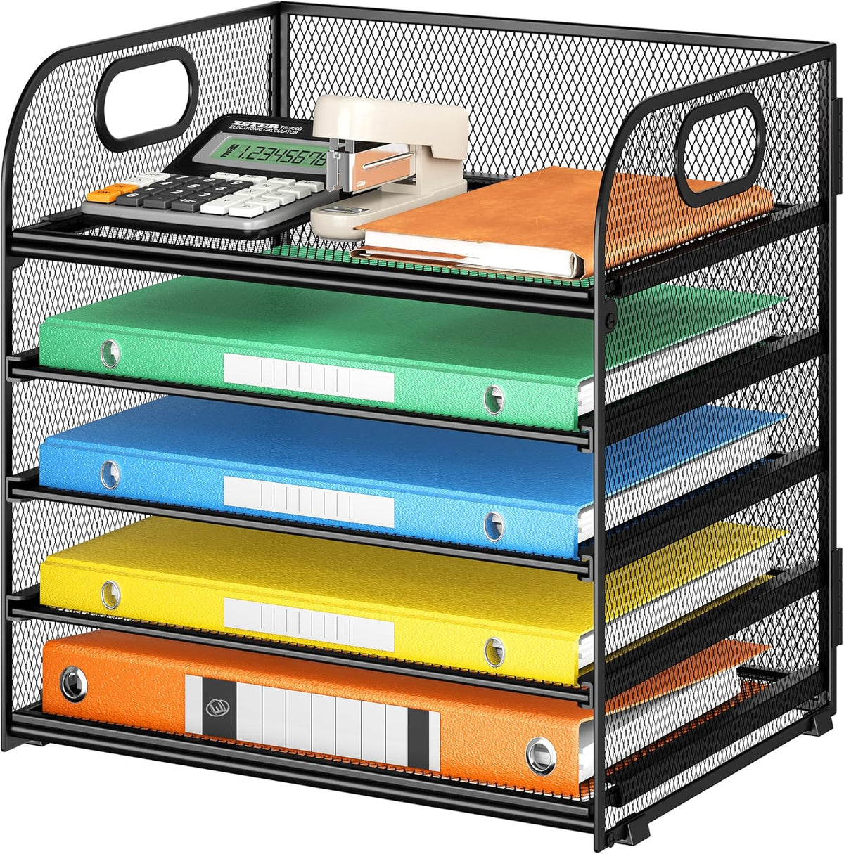 5 Tray Paper Organizer Letter Tray with Handle - Mesh Desk File Organizer, Paper Sorter Organizer for Office, Home or School File Folder Holder - Pink