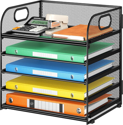 5 Tray Paper Organizer Letter Tray with Handle - Mesh Desk File Organizer, Paper Sorter Organizer for Office, Home or School File Folder Holder - Pink