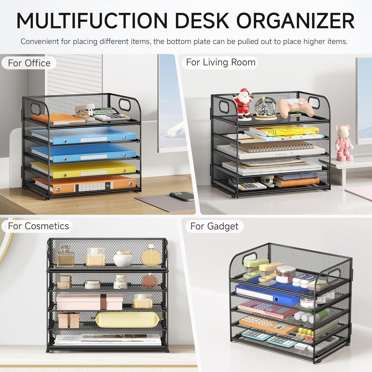 5 Tray Paper Organizer Letter Tray with Handle - Mesh Desk File Organizer, Paper Sorter Organizer for Office, Home or School File Folder Holder - Pink