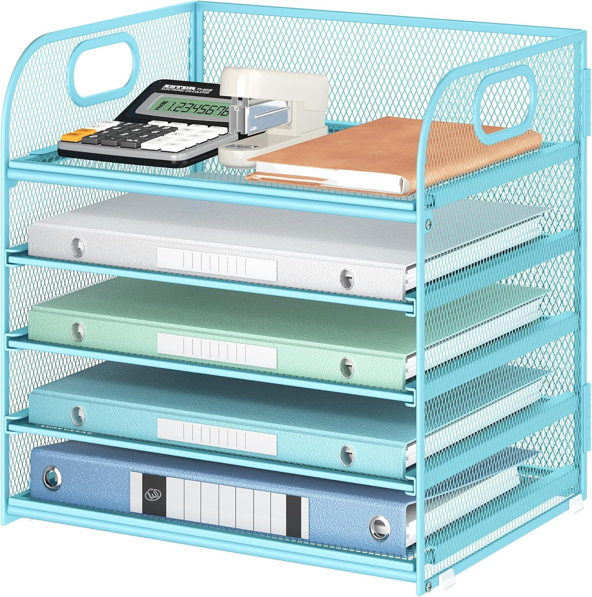 5 Tray Paper Organizer Letter Tray with Handle - Mesh Desk File Organizer, Paper Sorter Organizer for Office, Home or School File Folder Holder - Pink