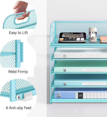 5 Tray Paper Organizer Letter Tray with Handle - Mesh Desk File Organizer, Paper Sorter Organizer for Office, Home or School File Folder Holder - Pink